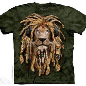 DJ Jahman Rasta Lion Headphones Jungle Beats Green T-Shirt Mountain S-2X